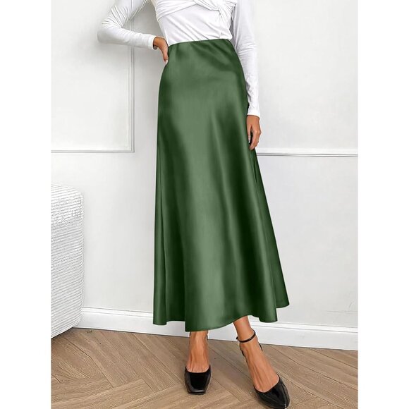 Elegant Satin Maxi Skirt for Women High Waisted Army Green Silk Dressy Casul - Picture 7 of 7